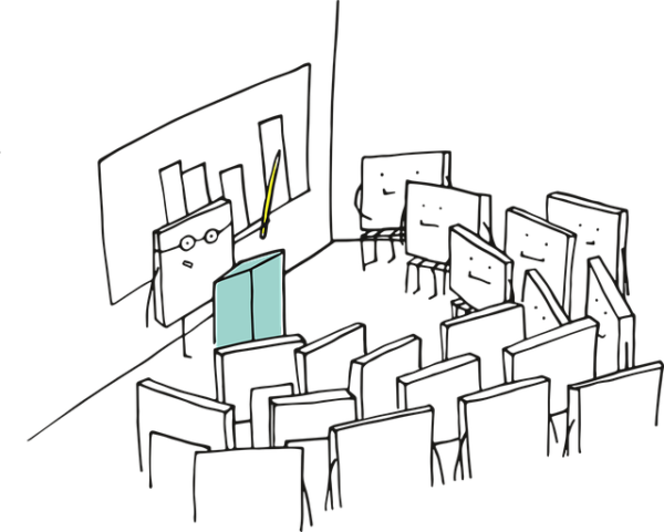 Die Graphik zeigt eine Vorlesungssituation. Die Studierenden sowie der Lehrende sind als Pixelchen (eckige Figuren) symbolisiert. Typisch für eine Vorlesung steht das Pixelchen (Lehrende:r) im vorderen Bereich des Hörsaals, während die Studierenden aufgereiht im Hörsaal sitzen und zuhören.